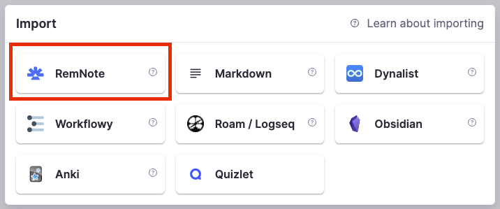 跳出 Import 視窗，選擇 RemNote 格式後，選擇剛剛下載的【RemNoteTableCourse.zip】，無須解壓縮。