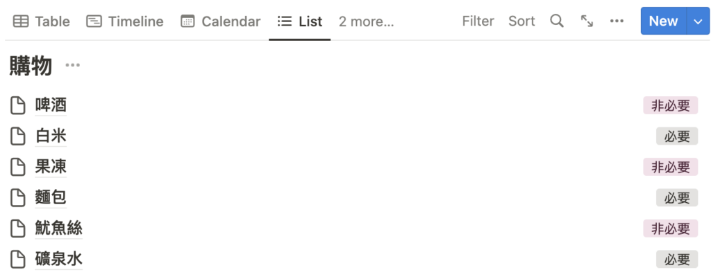 （ Notion101 ）我人已經在超市，現在只管有哪些東西要買，誰要買、多少錢並不重要，只要顯示最重要的資訊