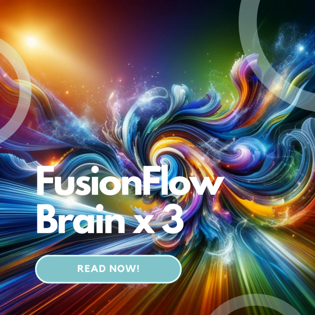 AI 心目中的 FusionFlow，混合在一起不停流動，如果你用這個 3 腦結合，也會發現大腦中充滿了混合和流動