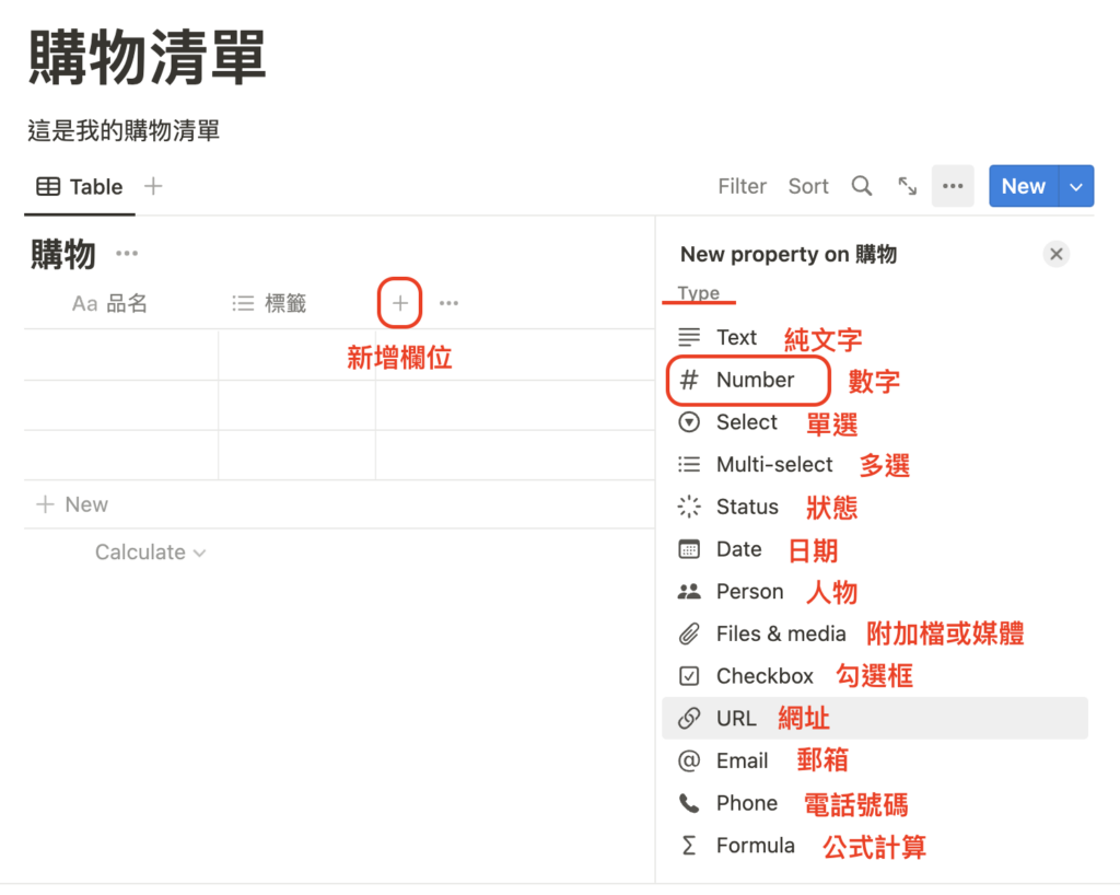 （ Notion101 ）選擇新增欄位，要先決定是哪種欄位的「Type」，第一個欄位選擇 Number，別擔心以後還可以修改