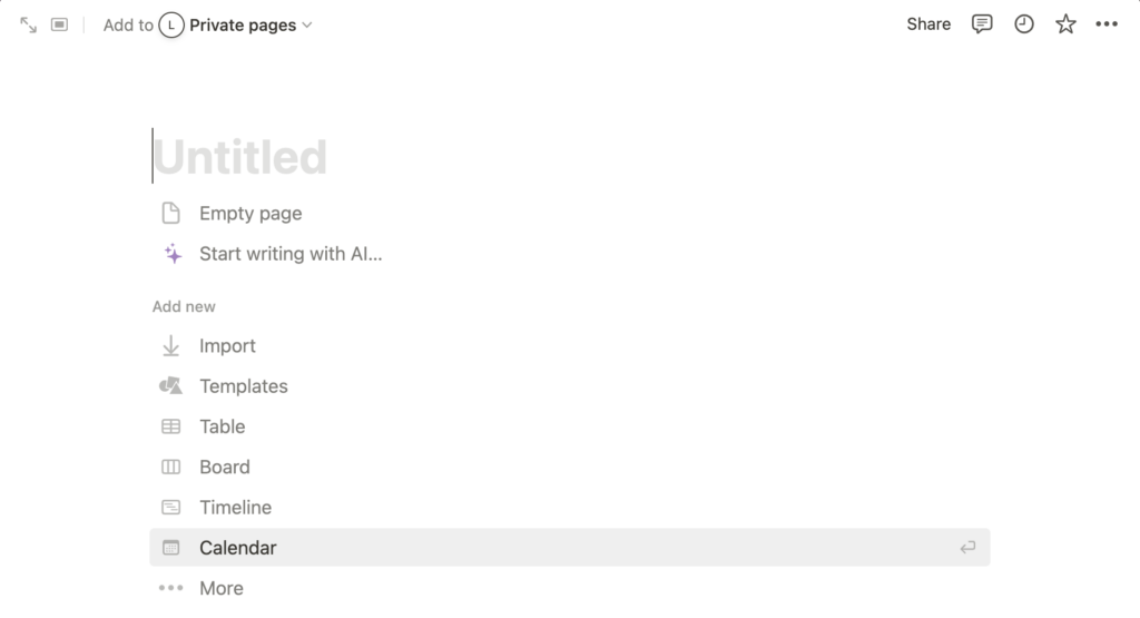 （ Notion101 ）點上方「Untitled」輸入這篇筆記的標題，點擊「Empty page」開空白筆記開始撰寫，點擊下方的 Table/ Board/ Timeline/ Calendar 會變成資料庫，這以後再說吧！